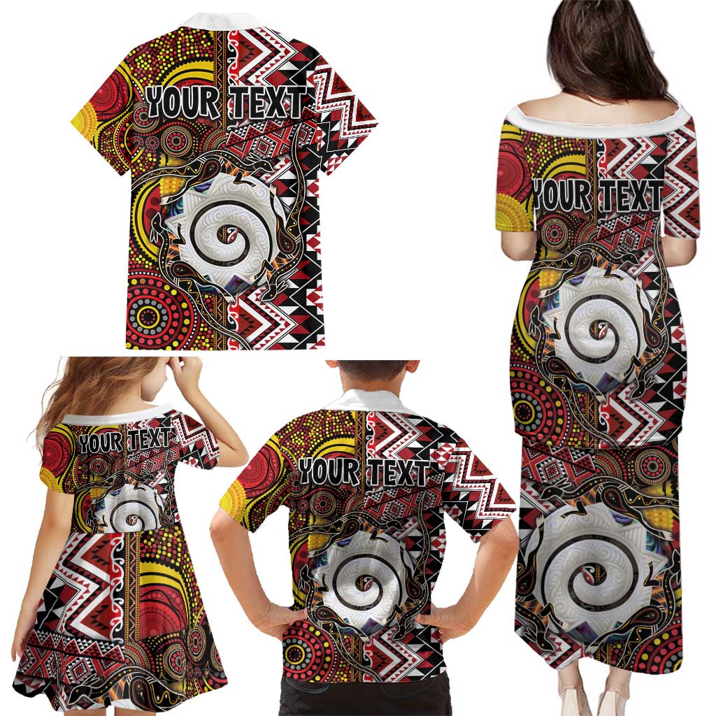 Personalised Aotearoa and Australia Together Family Matching Puletasi and Hawaiian Shirt Koru and Kangaroo - Taniko with Aboriginal Motif LT03 - Polynesian Pride