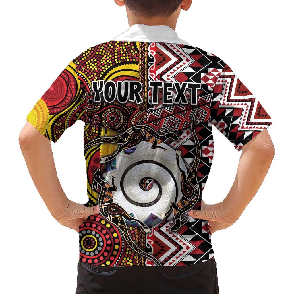 Personalised Aotearoa and Australia Together Family Matching Short Sleeve Bodycon Dress and Hawaiian Shirt Koru and Kangaroo - Taniko with Aboriginal Motif LT03 - Polynesian Pride