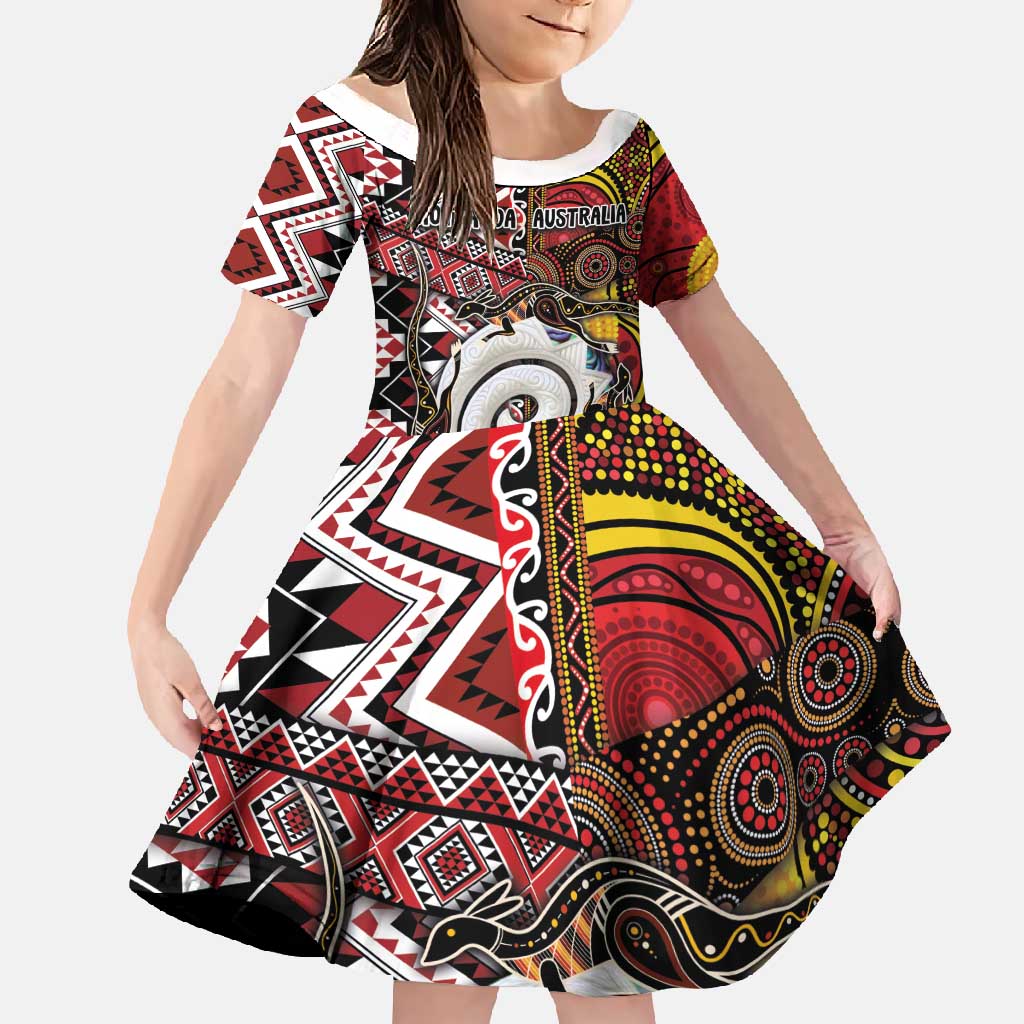 Personalised Aotearoa and Australia Together Family Matching Short Sleeve Bodycon Dress and Hawaiian Shirt Koru and Kangaroo - Taniko with Aboriginal Motif LT03 Daughter's Dress Black - Polynesian Pride