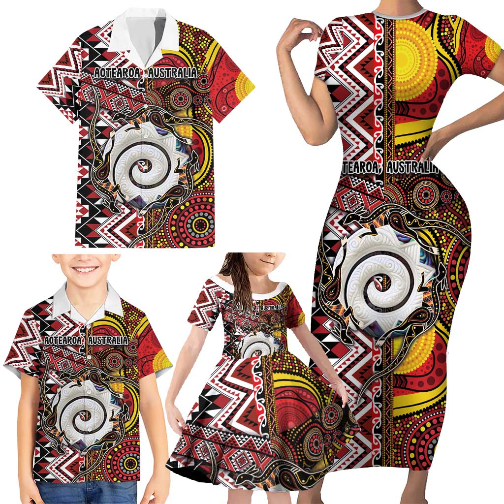 Personalised Aotearoa and Australia Together Family Matching Short Sleeve Bodycon Dress and Hawaiian Shirt Koru and Kangaroo - Taniko with Aboriginal Motif LT03 - Polynesian Pride
