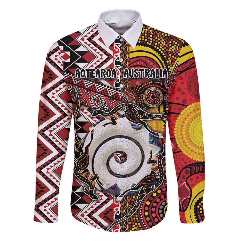 Personalised Aotearoa and Australia Together Family Matching Short Sleeve Bodycon Dress and Hawaiian Shirt Koru and Kangaroo - Taniko with Aboriginal Motif LT03 Dad's Shirt - Long Sleeve Black - Polynesian Pride