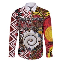 Personalised Aotearoa and Australia Together Family Matching Short Sleeve Bodycon Dress and Hawaiian Shirt Koru and Kangaroo - Taniko with Aboriginal Motif LT03 Dad's Shirt - Long Sleeve Black - Polynesian Pride