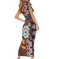 Personalised Aotearoa and Australia Together Family Matching Short Sleeve Bodycon Dress and Hawaiian Shirt Koru and Kangaroo - Taniko with Aboriginal Motif LT03 - Polynesian Pride