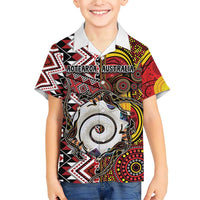 Personalised Aotearoa and Australia Together Family Matching Short Sleeve Bodycon Dress and Hawaiian Shirt Koru and Kangaroo - Taniko with Aboriginal Motif LT03 Son's Shirt Black - Polynesian Pride