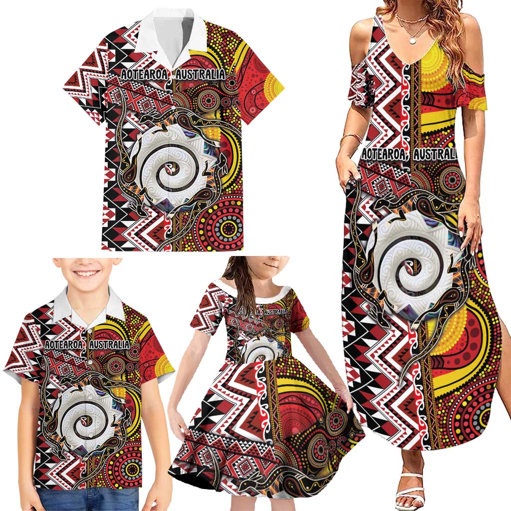 Personalised Aotearoa and Australia Together Family Matching Summer Maxi Dress and Hawaiian Shirt Koru and Kangaroo - Taniko with Aboriginal Motif LT03 - Polynesian Pride