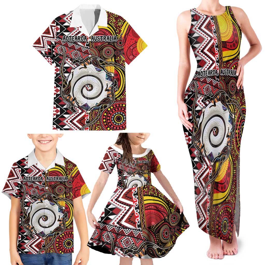 Personalised Aotearoa and Australia Together Family Matching Tank Maxi Dress and Hawaiian Shirt Koru and Kangaroo - Taniko with Aboriginal Motif LT03 - Polynesian Pride