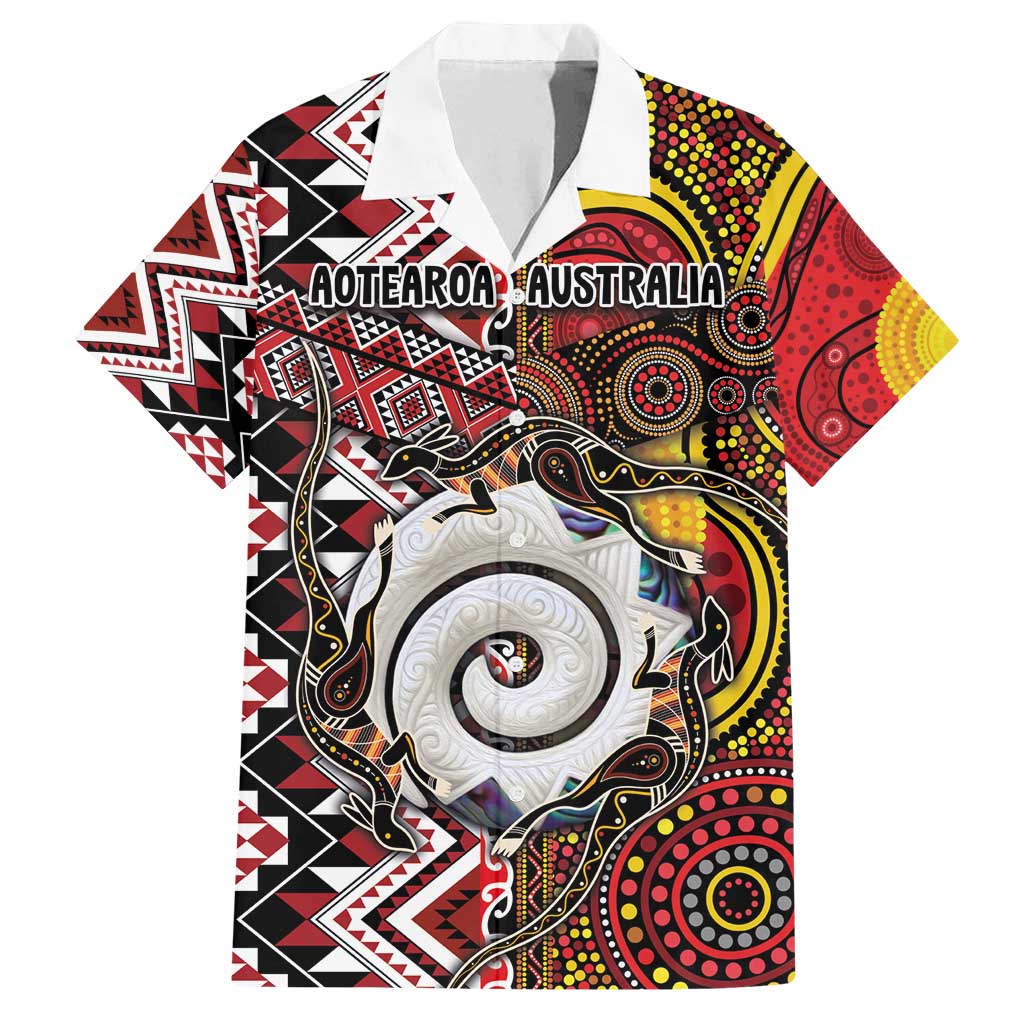 Personalised Aotearoa and Australia Together Family Matching Tank Maxi Dress and Hawaiian Shirt Koru and Kangaroo - Taniko with Aboriginal Motif LT03 Dad's Shirt - Short Sleeve Black - Polynesian Pride