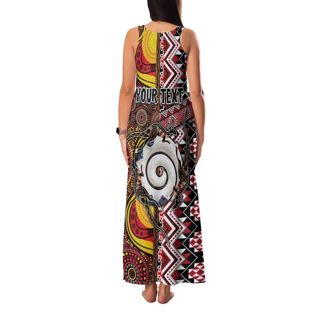 Personalised Aotearoa and Australia Together Family Matching Tank Maxi Dress and Hawaiian Shirt Koru and Kangaroo - Taniko with Aboriginal Motif LT03 - Polynesian Pride