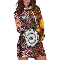 Personalised Aotearoa and Australia Together Hoodie Dress Koru and Kangaroo - Taniko with Aboriginal Motif