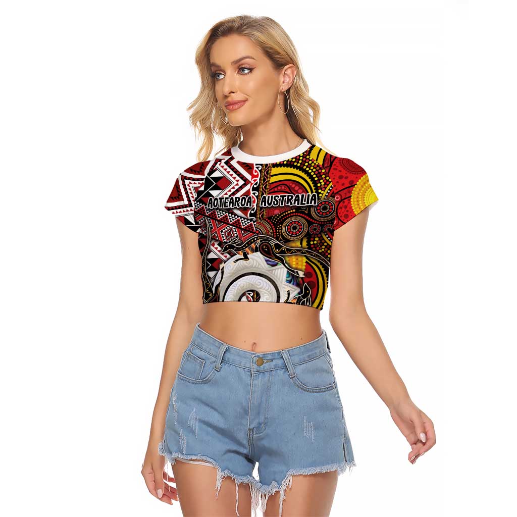 Personalised Aotearoa and Australia Together Raglan Cropped T Shirt Koru and Kangaroo - Taniko with Aboriginal Motif