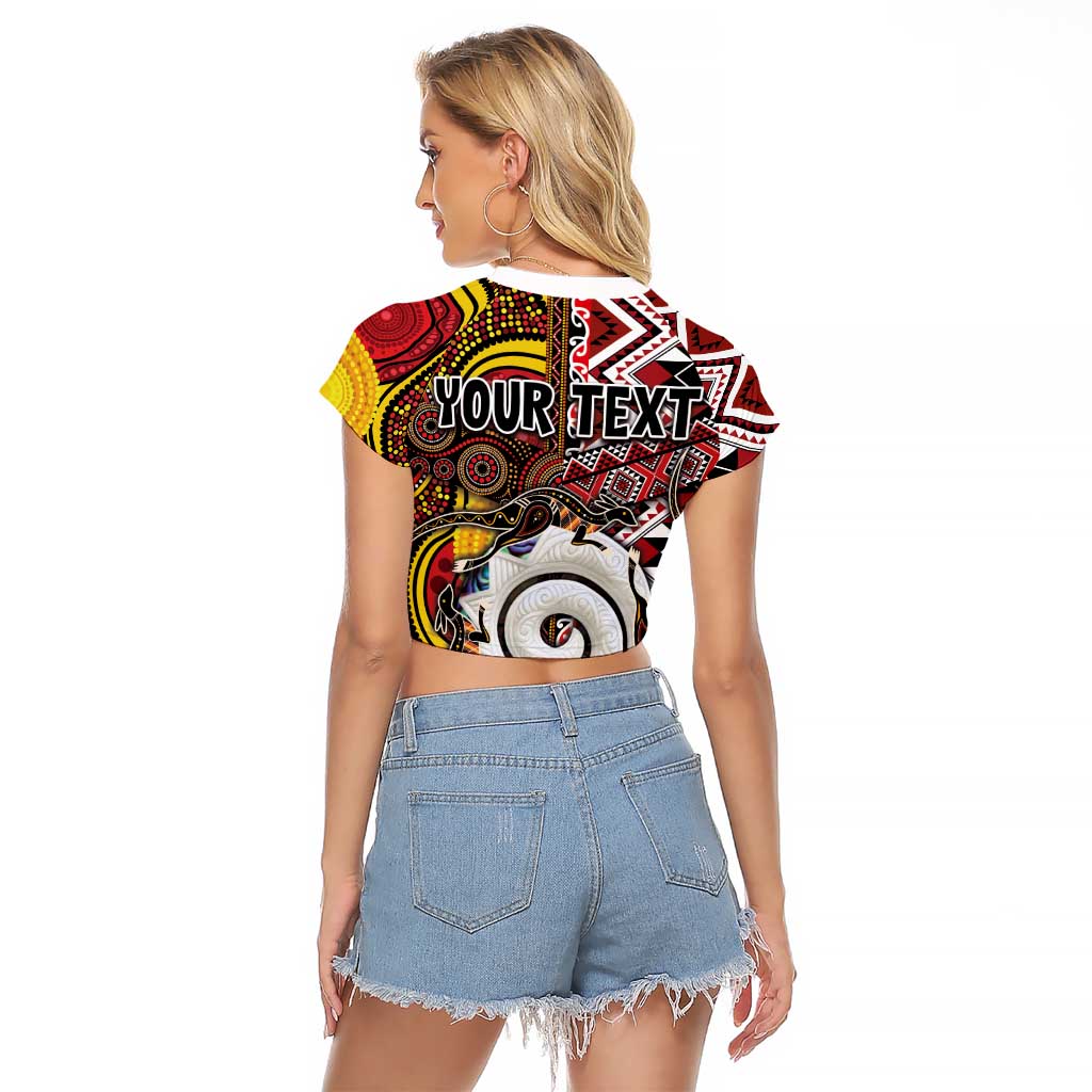 Personalised Aotearoa and Australia Together Raglan Cropped T Shirt Koru and Kangaroo - Taniko with Aboriginal Motif