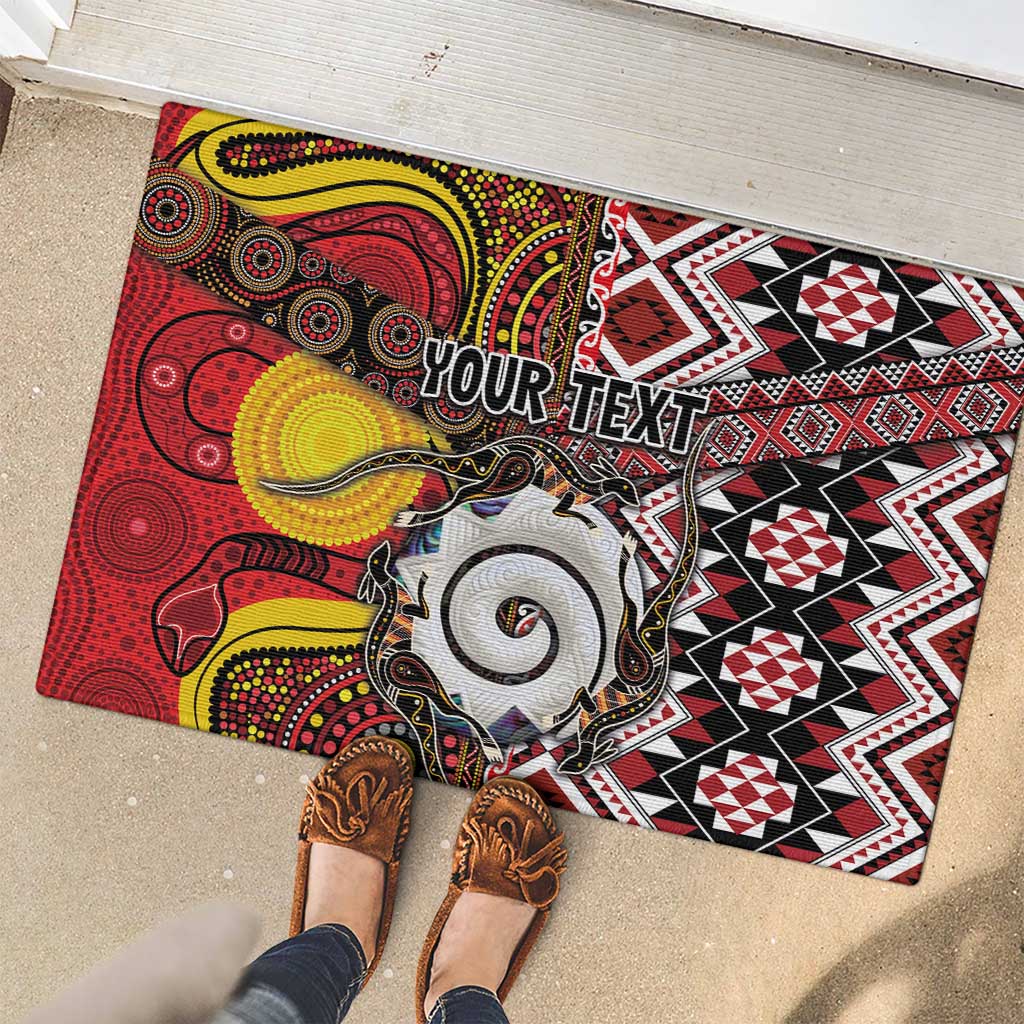 Personalised Aotearoa and Australia Together Rubber Doormat Koru and Kangaroo - Taniko with Aboriginal Motif