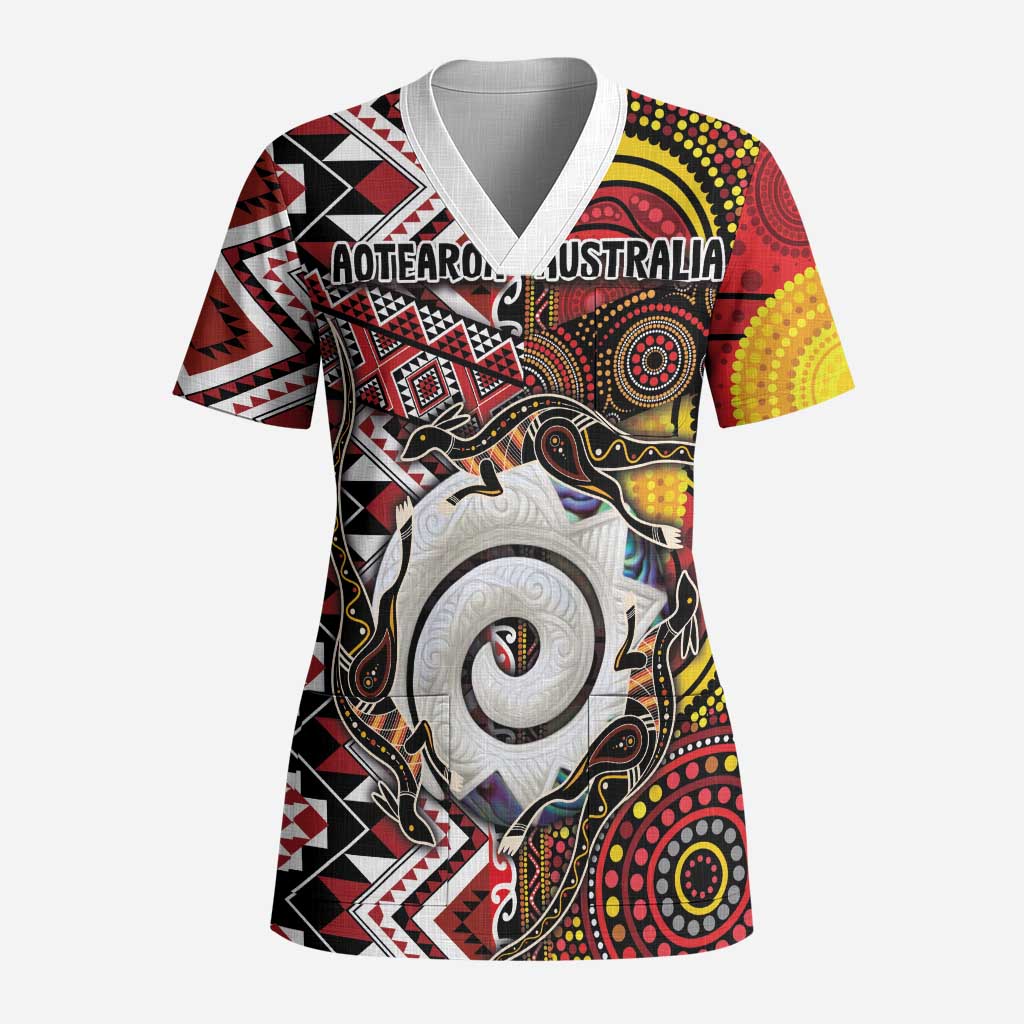 Personalised Aotearoa and Australia Together Scrub Top Koru and Kangaroo - Taniko with Aboriginal Motif - Polynesian Pride