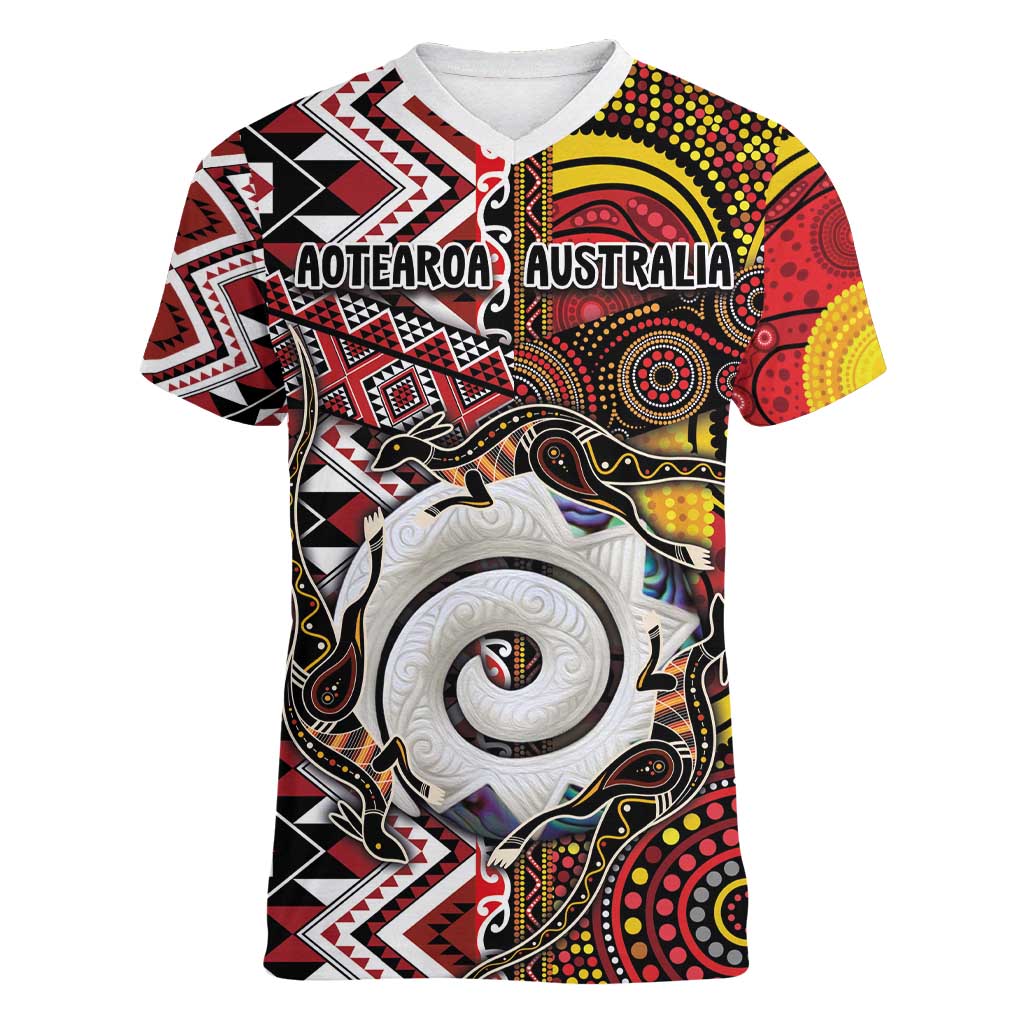 Personalised Aotearoa and Australia Together Women V-Neck T-Shirt Koru and Kangaroo - Taniko with Aboriginal Motif