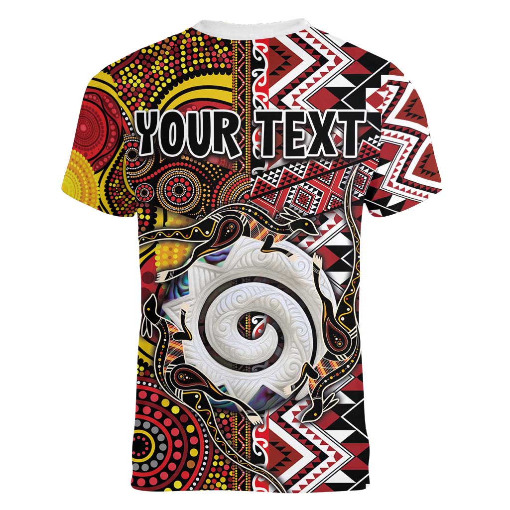 Personalised Aotearoa and Australia Together Women V-Neck T-Shirt Koru and Kangaroo - Taniko with Aboriginal Motif