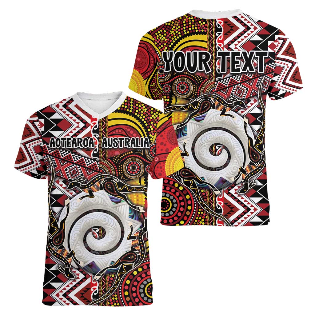 Personalised Aotearoa and Australia Together Women V-Neck T-Shirt Koru and Kangaroo - Taniko with Aboriginal Motif