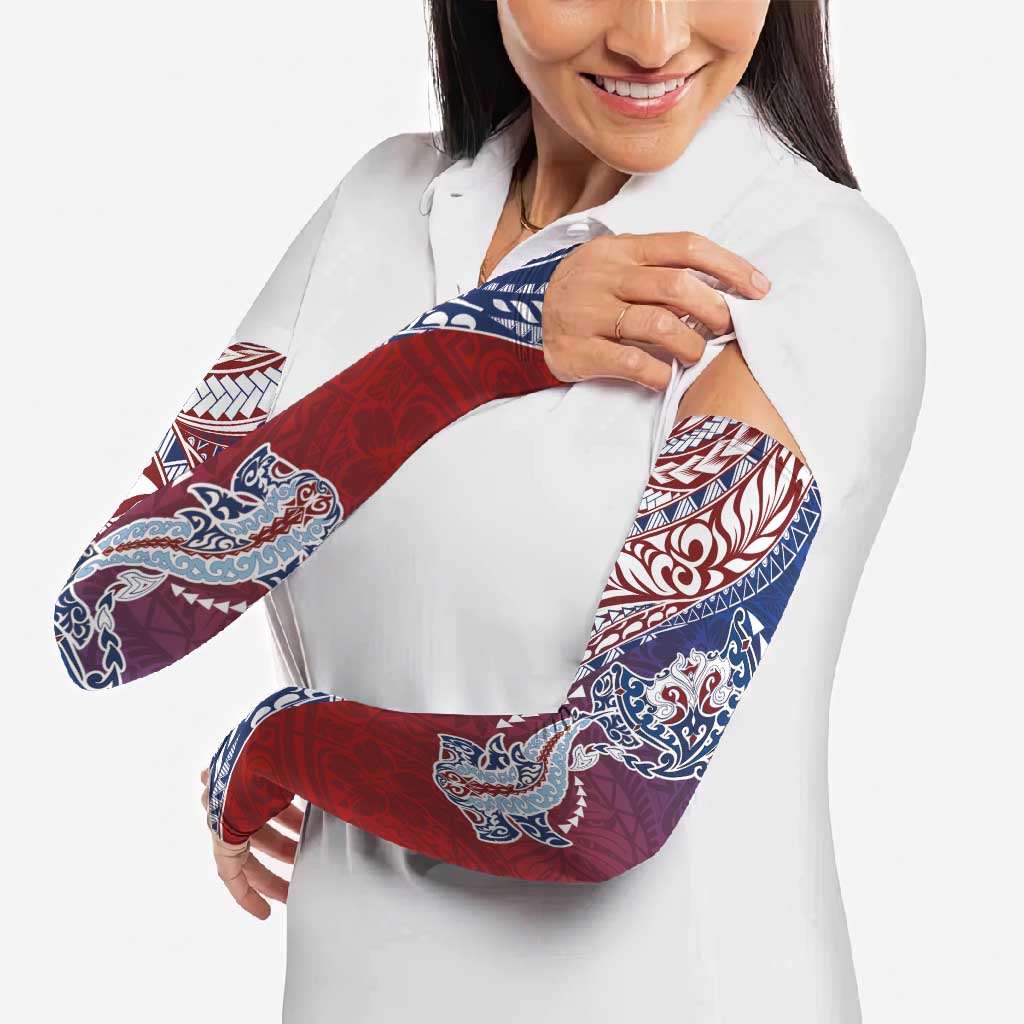 Hawaiian Manta Ray and Hammerhead Shark Tribal Tattoo Arm Sleeves with Polynesian Tribal Pattern Hawaii Flag Color