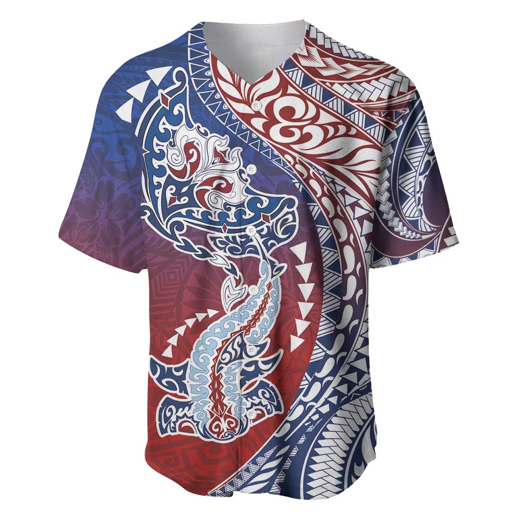 Hawaiian Manta Ray and Hammerhead Shark Tribal Tattoo Baseball Jersey with Polynesian Tribal Pattern Hawaii Flag Color