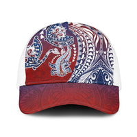 Hawaiian Manta Ray and Hammerhead Shark Tribal Tattoo Baseball Net Cap with Polynesian Tribal Pattern Hawaii Flag Color