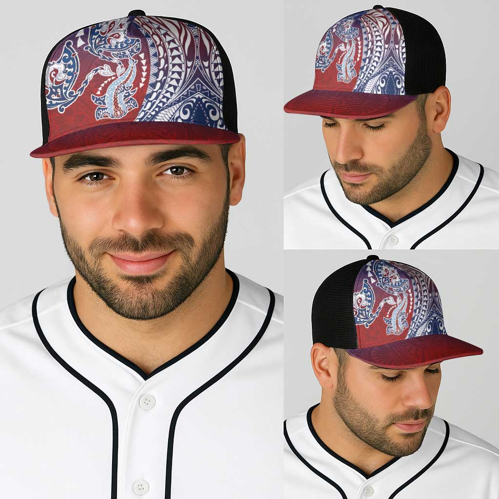 Hawaiian Manta Ray and Hammerhead Shark Tribal Tattoo Baseball Net Cap with Polynesian Tribal Pattern Hawaii Flag Color
