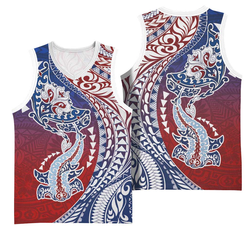 Hawaiian Manta Ray and Hammerhead Shark Tribal Tattoo Basketball Jersey with Polynesian Tribal Pattern Hawaii Flag Color