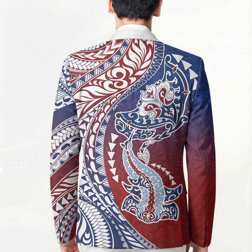 Hawaiian Manta Ray and Hammerhead Shark Tribal Tattoo Blazer with Polynesian Tribal Pattern Hawaii Flag Color