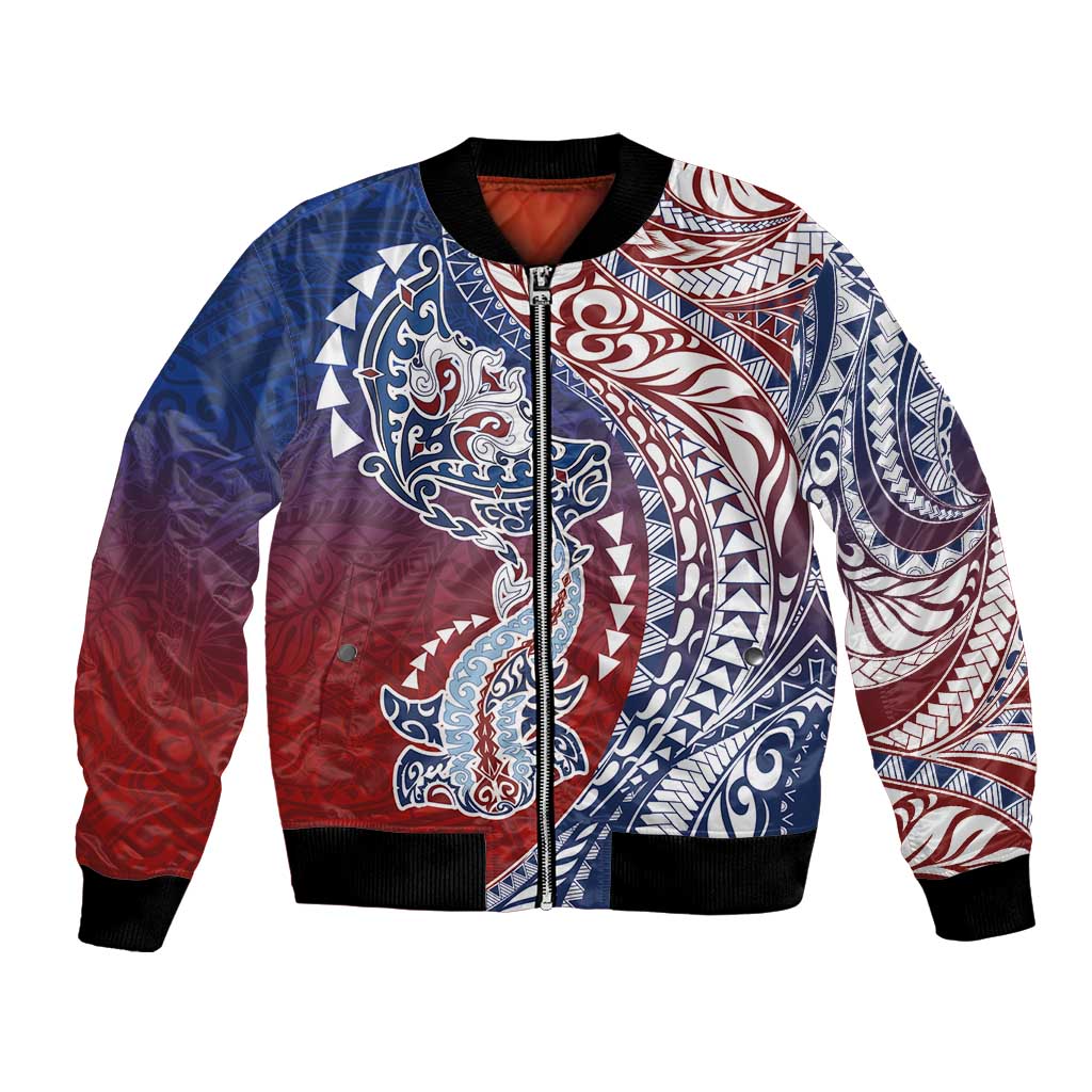 Hawaiian Manta Ray and Hammerhead Shark Tribal Tattoo Bomber Jacket with Polynesian Tribal Pattern Hawaii Flag Color