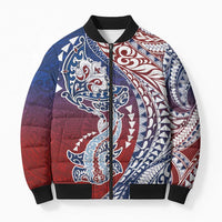 Hawaiian Manta Ray and Hammerhead Shark Tribal Tattoo Bomber Puffer Jacket with Polynesian Tribal Pattern Hawaii Flag Color