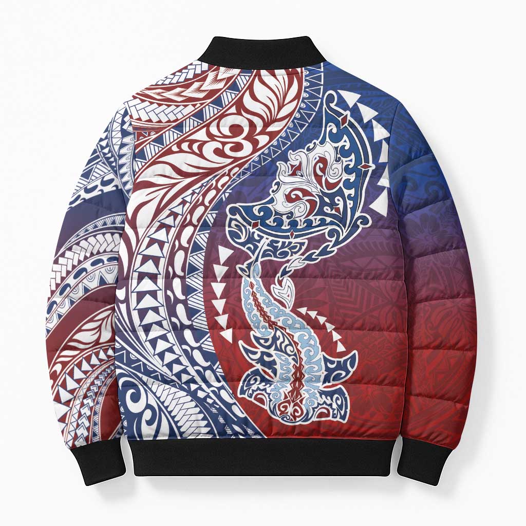 Hawaiian Manta Ray and Hammerhead Shark Tribal Tattoo Bomber Puffer Jacket with Polynesian Tribal Pattern Hawaii Flag Color