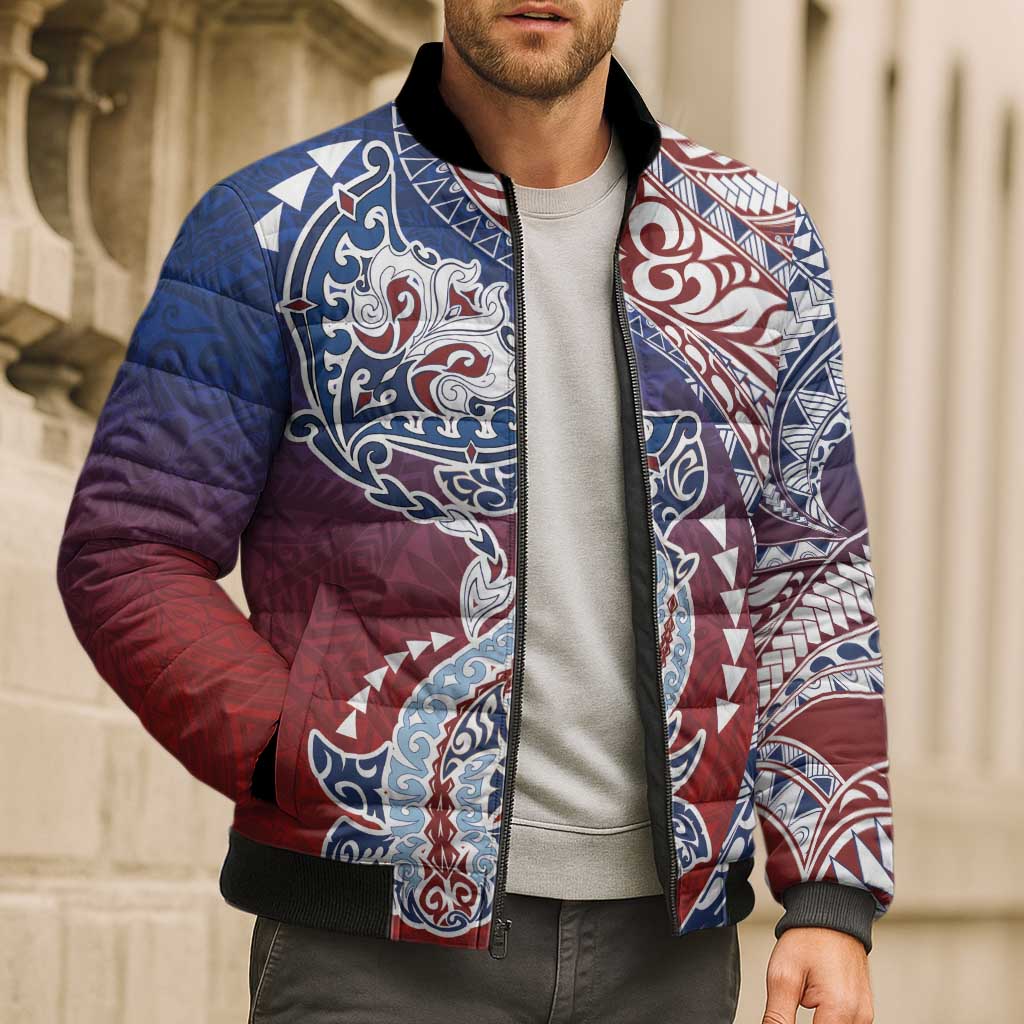 Hawaiian Manta Ray and Hammerhead Shark Tribal Tattoo Bomber Puffer Jacket with Polynesian Tribal Pattern Hawaii Flag Color