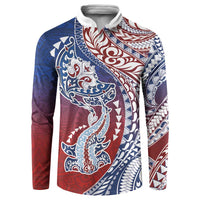Hawaiian Manta Ray and Hammerhead Shark Tribal Tattoo Button Sweatshirt with Polynesian Tribal Pattern Hawaii Flag Color