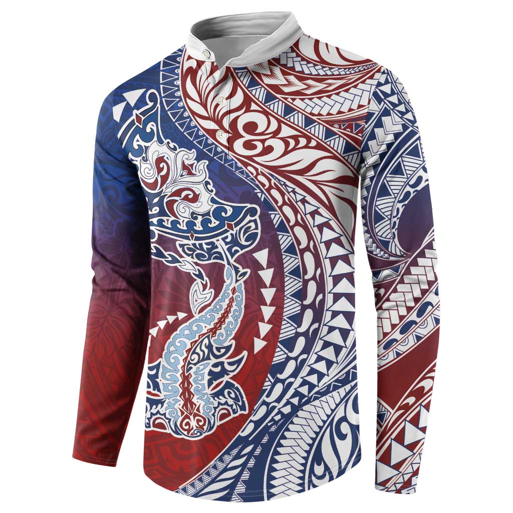 Hawaiian Manta Ray and Hammerhead Shark Tribal Tattoo Button Sweatshirt with Polynesian Tribal Pattern Hawaii Flag Color