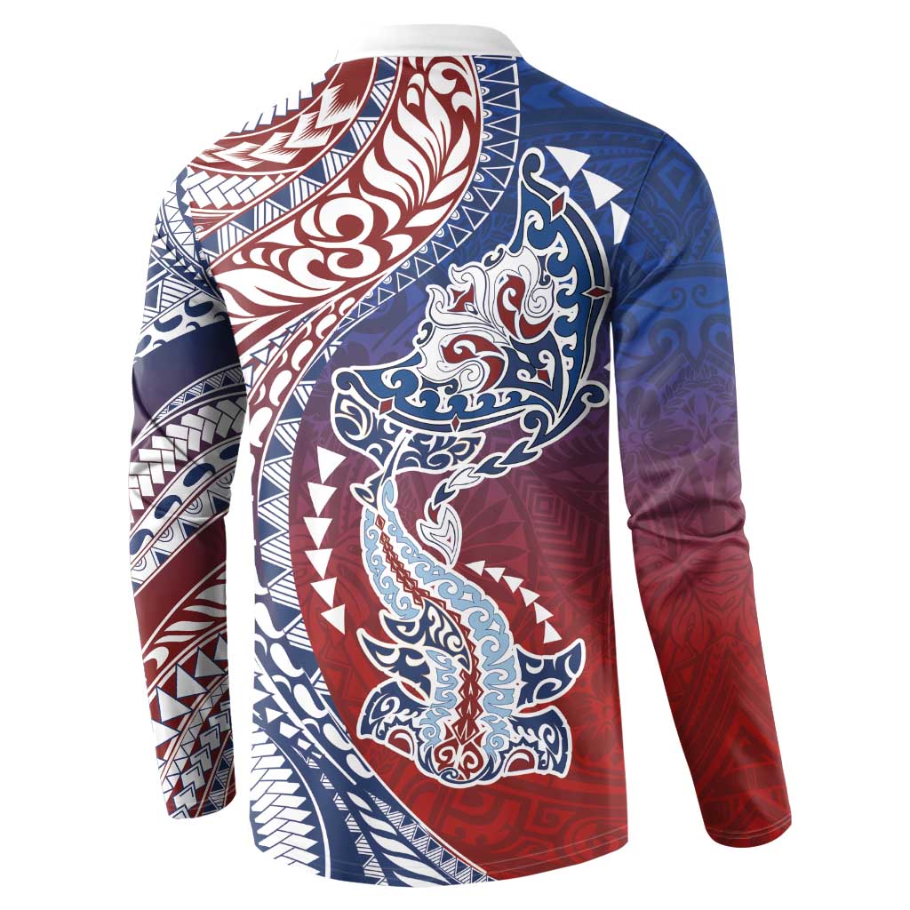 Hawaiian Manta Ray and Hammerhead Shark Tribal Tattoo Button Sweatshirt with Polynesian Tribal Pattern Hawaii Flag Color