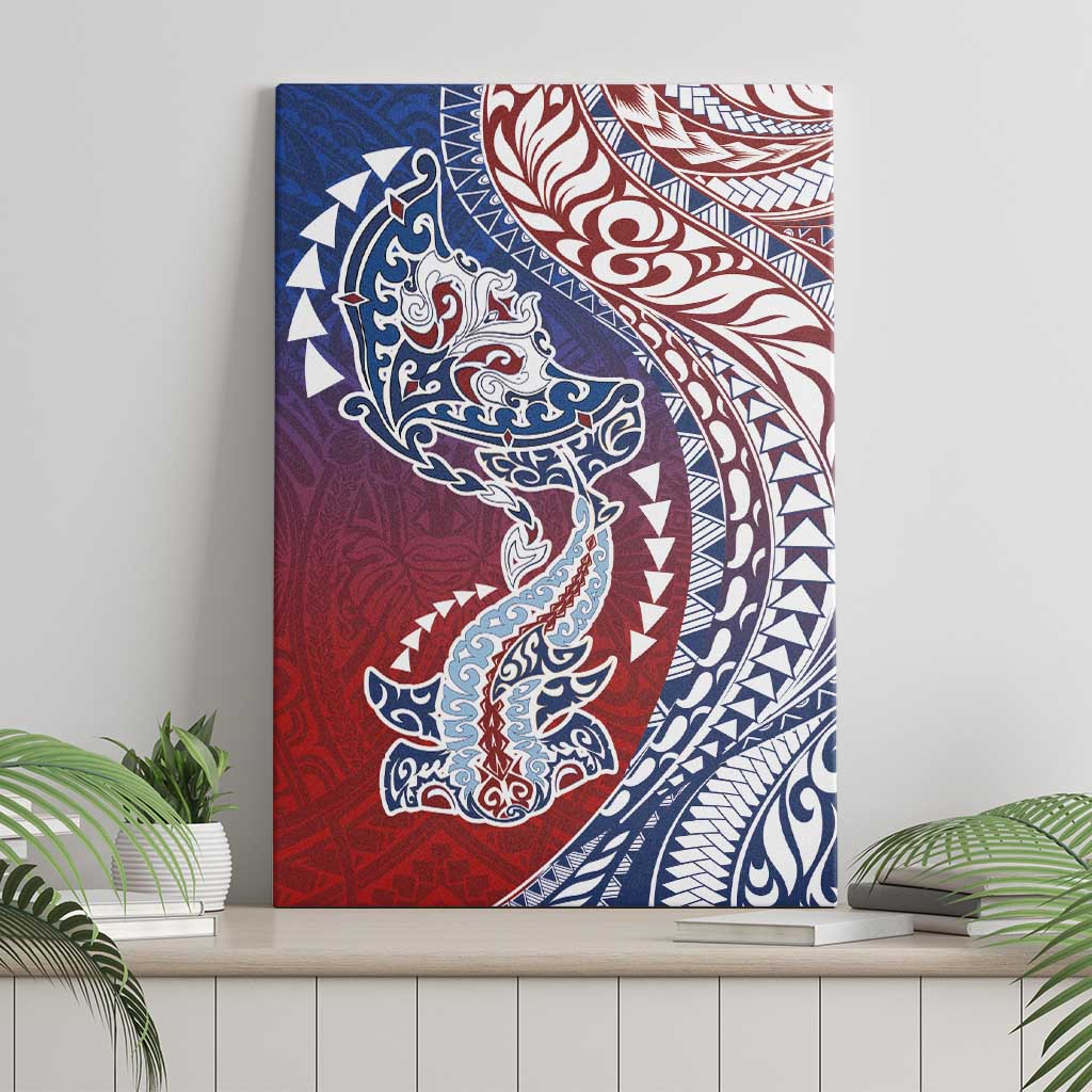 Hawaiian Manta Ray and Hammerhead Shark Tribal Tattoo Canvas Wall Art with Polynesian Tribal Pattern Hawaii Flag Color