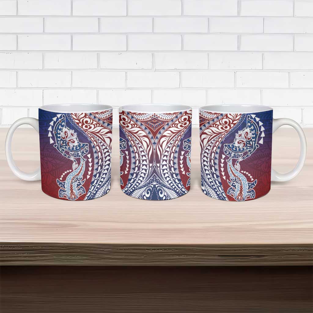 Hawaiian Manta Ray and Hammerhead Shark Tribal Tattoo Ceramic Mug with Polynesian Tribal Pattern Hawaii Flag Color