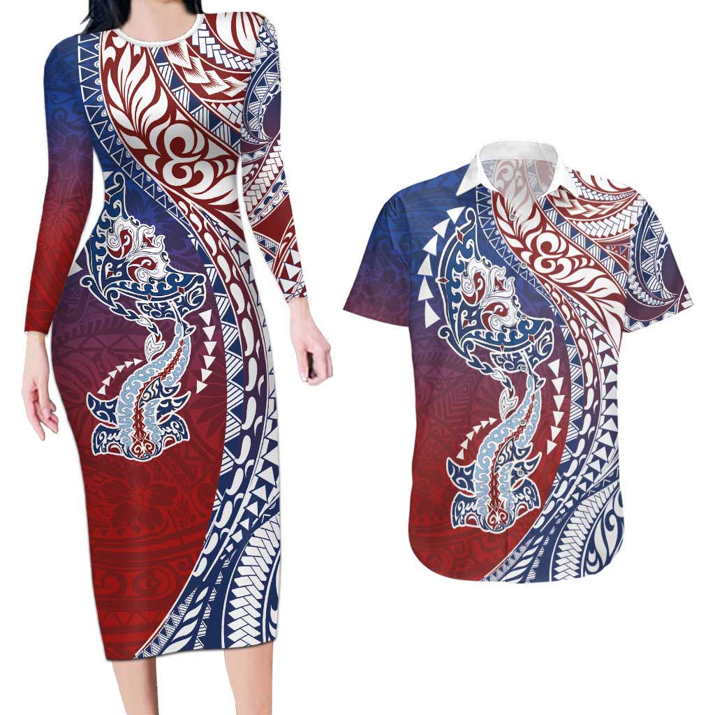 Hawaiian Manta Ray and Hammerhead Shark Tribal Tattoo Couples Matching Long Sleeve Bodycon Dress and Hawaiian Shirt with Polynesian Tribal Pattern Hawaii Flag Color LT03 Multicolor - Polynesian Pride