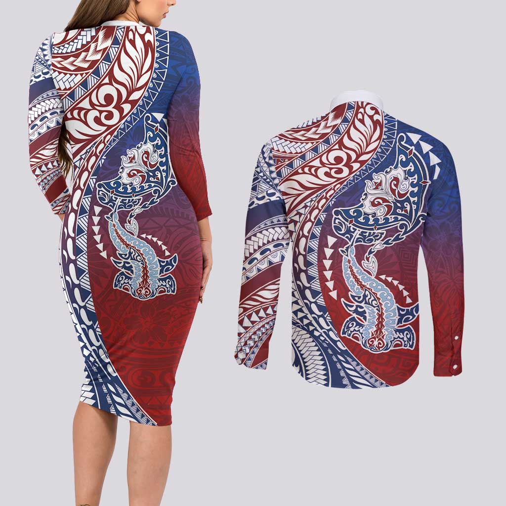 Hawaiian Manta Ray and Hammerhead Shark Tribal Tattoo Couples Matching Long Sleeve Bodycon Dress and Long Sleeve Button Shirt with Polynesian Tribal Pattern Hawaii Flag Color LT03 - Polynesian Pride