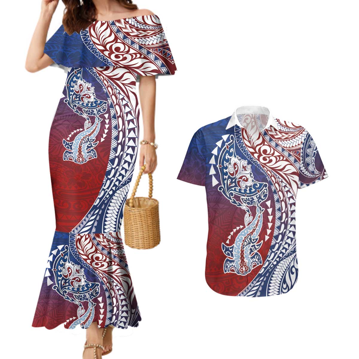 Hawaiian Manta Ray and Hammerhead Shark Tribal Tattoo Couples Matching Mermaid Dress and Hawaiian Shirt with Polynesian Tribal Pattern Hawaii Flag Color
