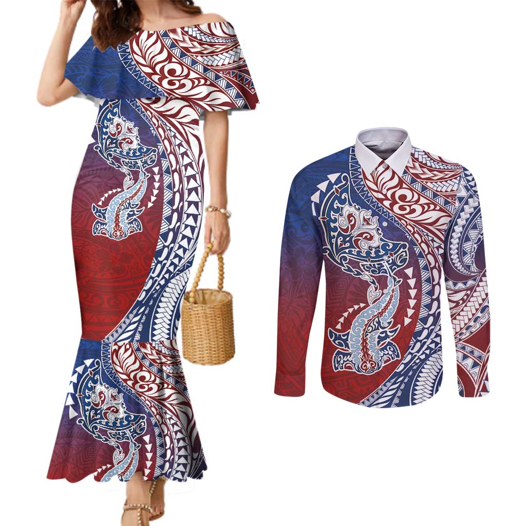Hawaiian Manta Ray and Hammerhead Shark Tribal Tattoo Couples Matching Mermaid Dress and Long Sleeve Button Shirt with Polynesian Tribal Pattern Hawaii Flag Color LT03 Multicolor - Polynesian Pride