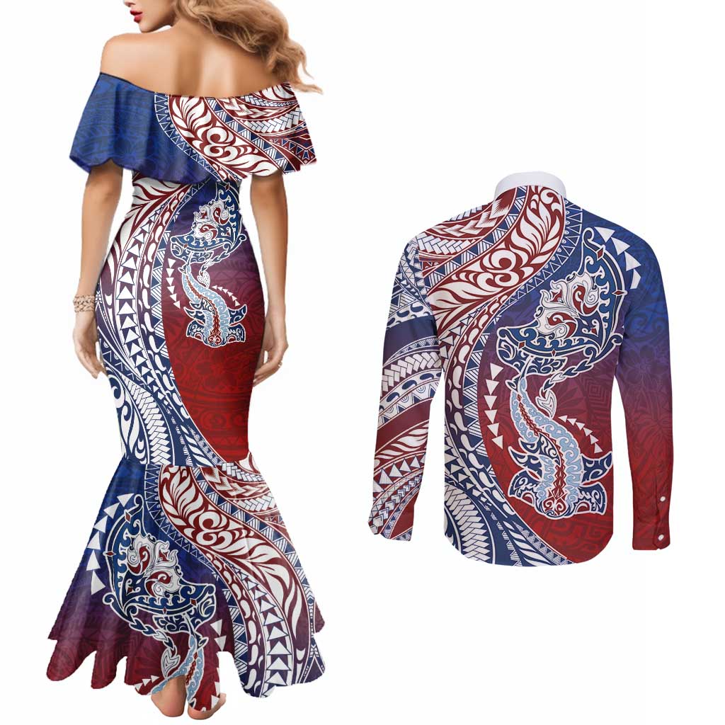 Hawaiian Manta Ray and Hammerhead Shark Tribal Tattoo Couples Matching Mermaid Dress and Long Sleeve Button Shirt with Polynesian Tribal Pattern Hawaii Flag Color LT03 - Polynesian Pride