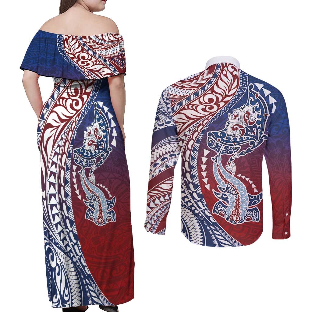 Hawaiian Manta Ray and Hammerhead Shark Tribal Tattoo Couples Matching Off Shoulder Maxi Dress and Long Sleeve Button Shirt with Polynesian Tribal Pattern Hawaii Flag Color LT03 - Polynesian Pride