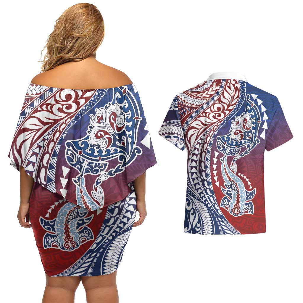 Hawaiian Manta Ray and Hammerhead Shark Tribal Tattoo Couples Matching Off Shoulder Short Dress and Hawaiian Shirt with Polynesian Tribal Pattern Hawaii Flag Color LT03 - Polynesian Pride