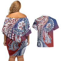 Hawaiian Manta Ray and Hammerhead Shark Tribal Tattoo Couples Matching Off Shoulder Short Dress and Hawaiian Shirt with Polynesian Tribal Pattern Hawaii Flag Color LT03 - Polynesian Pride