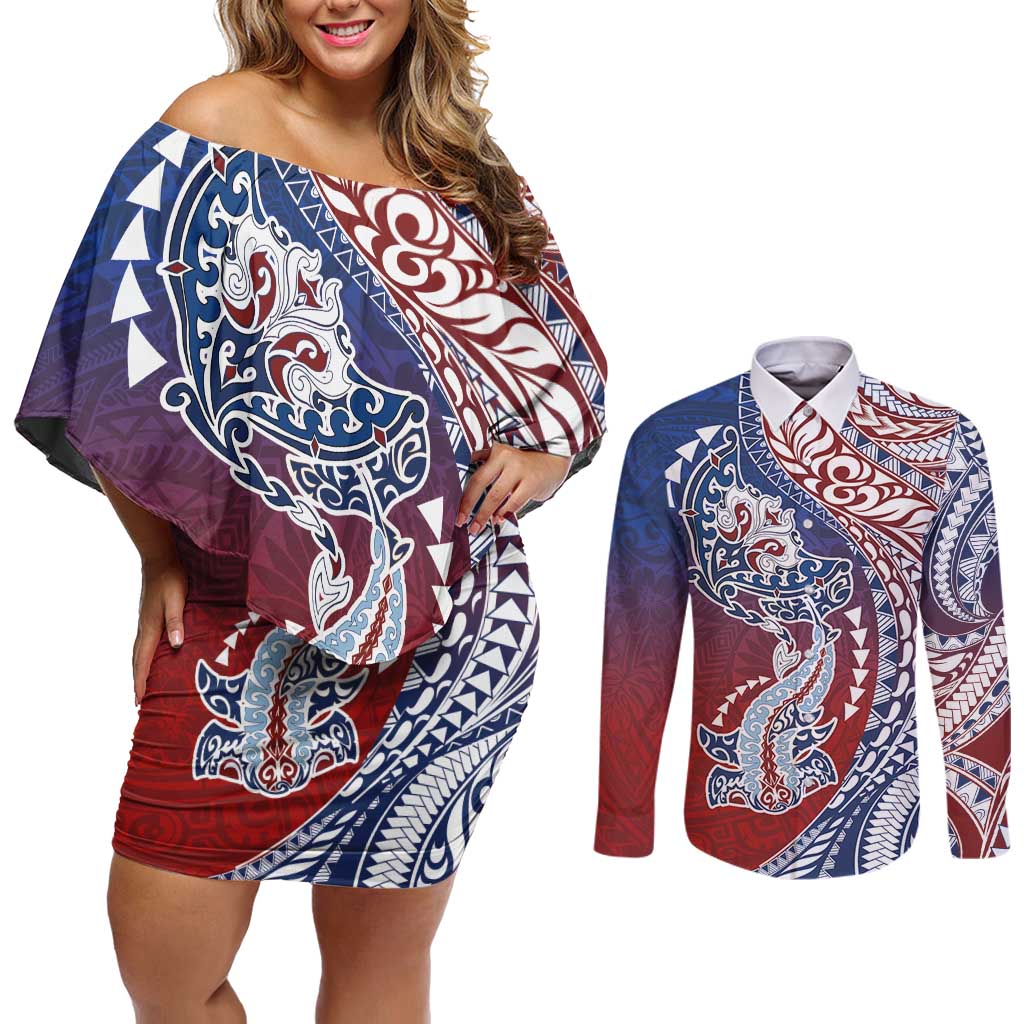 Hawaiian Manta Ray and Hammerhead Shark Tribal Tattoo Couples Matching Off Shoulder Short Dress and Long Sleeve Button Shirt with Polynesian Tribal Pattern Hawaii Flag Color LT03 Multicolor - Polynesian Pride