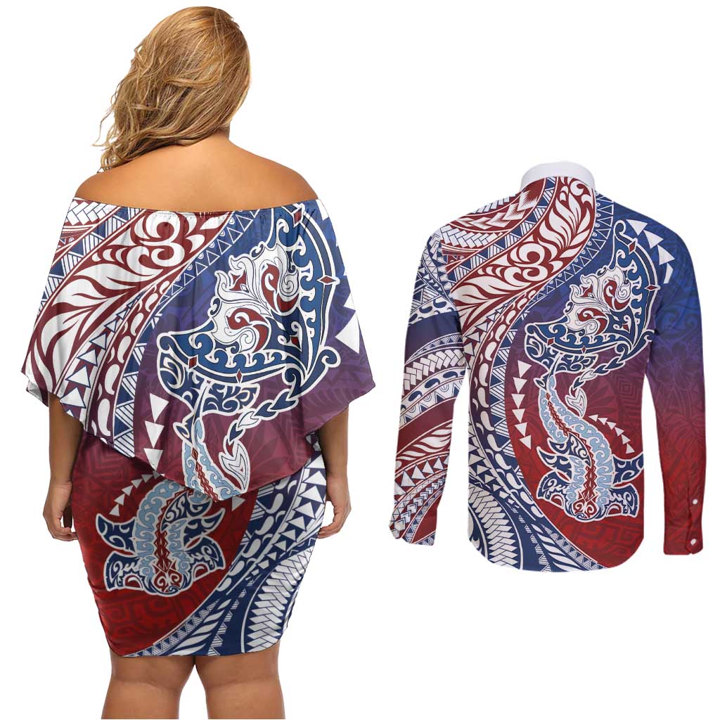 Hawaiian Manta Ray and Hammerhead Shark Tribal Tattoo Couples Matching Off Shoulder Short Dress and Long Sleeve Button Shirt with Polynesian Tribal Pattern Hawaii Flag Color LT03 - Polynesian Pride
