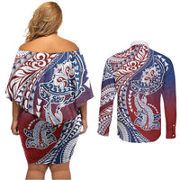 Hawaiian Manta Ray and Hammerhead Shark Tribal Tattoo Couples Matching Off Shoulder Short Dress and Long Sleeve Button Shirt with Polynesian Tribal Pattern Hawaii Flag Color LT03 - Polynesian Pride