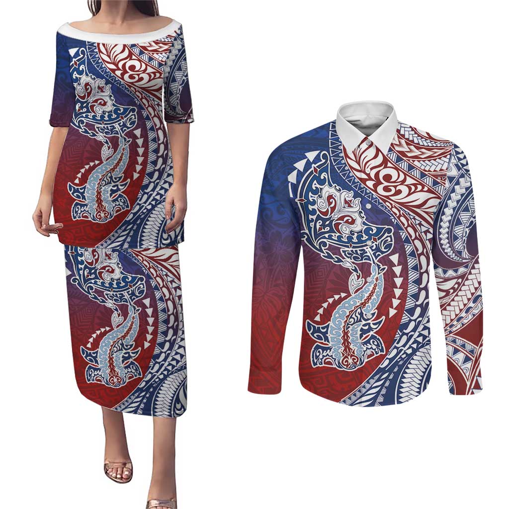 Hawaiian Manta Ray and Hammerhead Shark Tribal Tattoo Couples Matching Puletasi and Long Sleeve Button Shirt with Polynesian Tribal Pattern Hawaii Flag Color LT03 Multicolor - Polynesian Pride