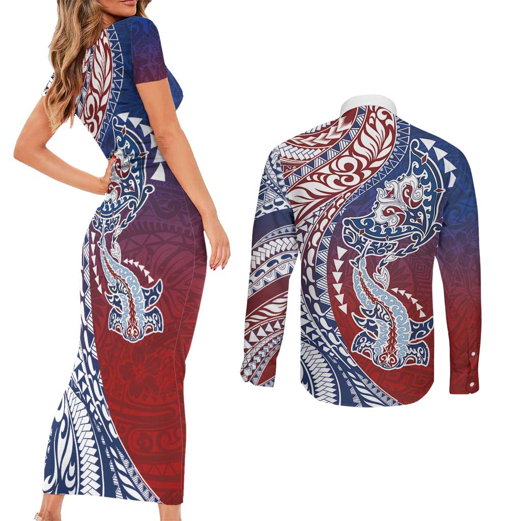 Hawaiian Manta Ray and Hammerhead Shark Tribal Tattoo Couples Matching Short Sleeve Bodycon Dress and Long Sleeve Button Shirt with Polynesian Tribal Pattern Hawaii Flag Color LT03 - Polynesian Pride