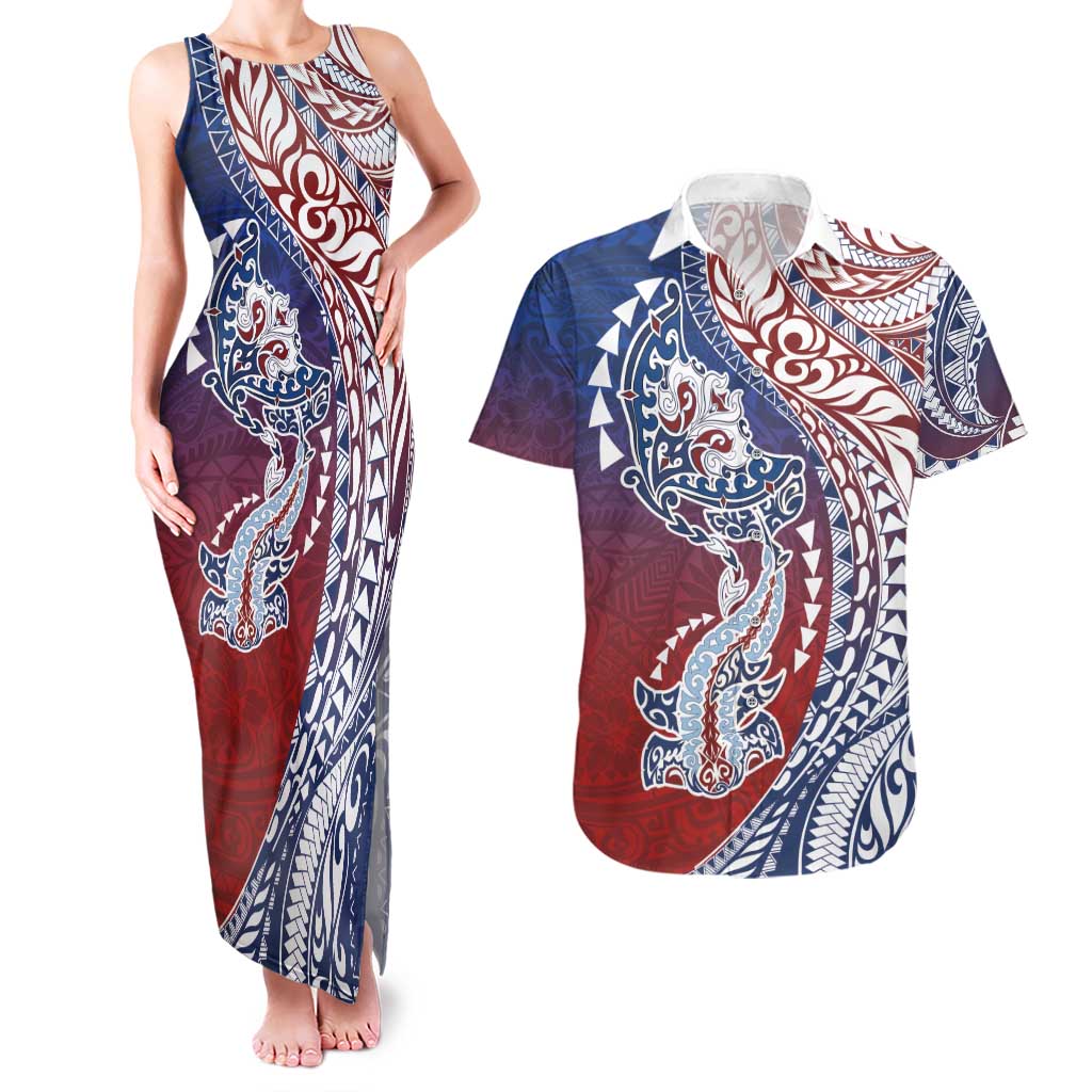 Hawaiian Manta Ray and Hammerhead Shark Tribal Tattoo Couples Matching Tank Maxi Dress and Hawaiian Shirt with Polynesian Tribal Pattern Hawaii Flag Color LT03 Multicolor - Polynesian Pride