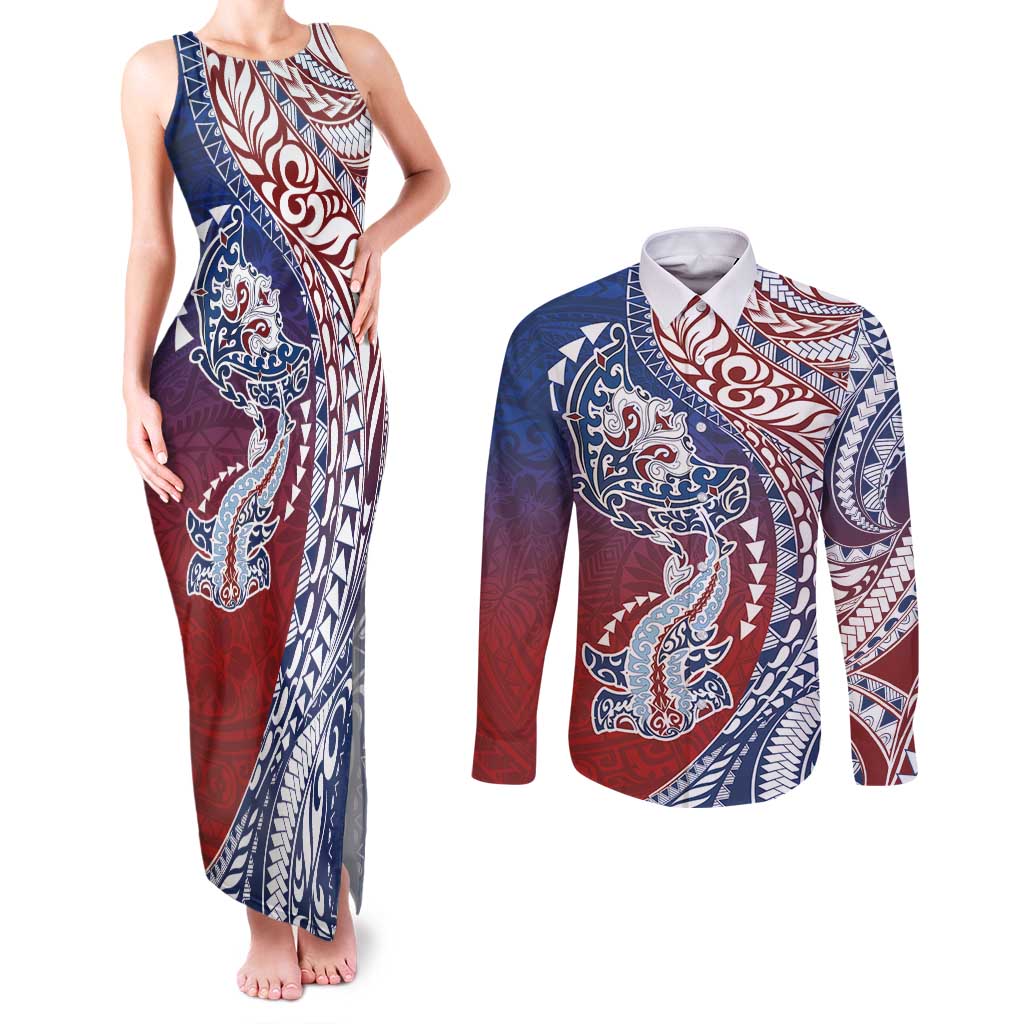 Hawaiian Manta Ray and Hammerhead Shark Tribal Tattoo Couples Matching Tank Maxi Dress and Long Sleeve Button Shirt with Polynesian Tribal Pattern Hawaii Flag Color LT03 Multicolor - Polynesian Pride